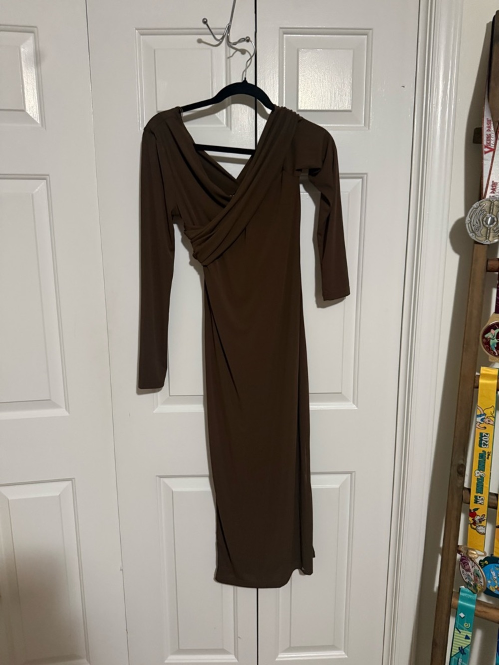 Elegant Brown Long Sleeve Wrap Dress